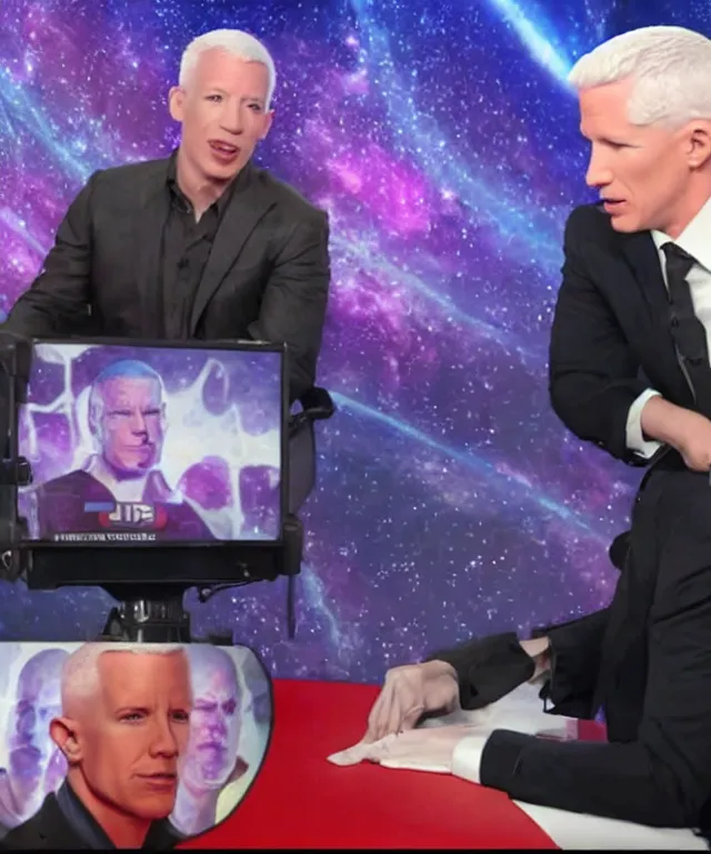 Image similar to anderson cooper interviewing thanos on cnn