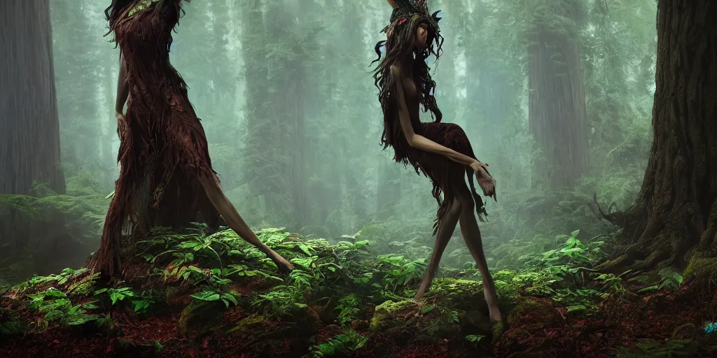 Prompt: detailed matte painting of a magical dryad witch in a redwood forest, dramatic lighting and composition, highly detailed, spells, magic, surreal background, octane render, pixar, trending on artstation, concept art, comic book, volumetric lighting 8 k