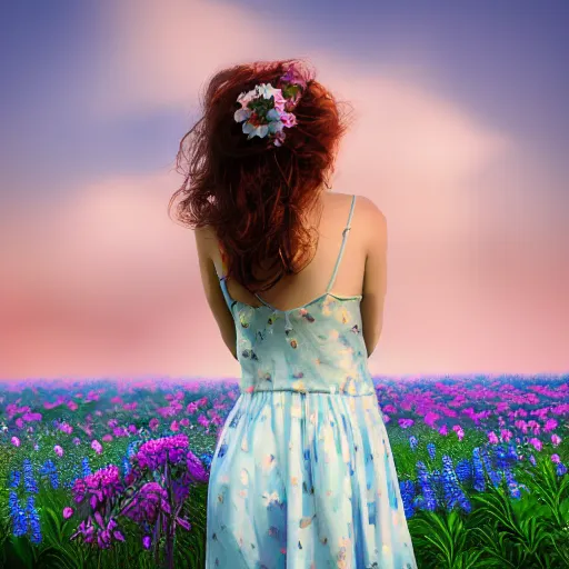 Image similar to a portrait of a romantic woman with flowers grow out of hair, roses peonies forget-me-nots dahlias lupins gladioli, sky theme in background, 35mm Photograph, 4K Resolution, Digital Art, Trending on artstation