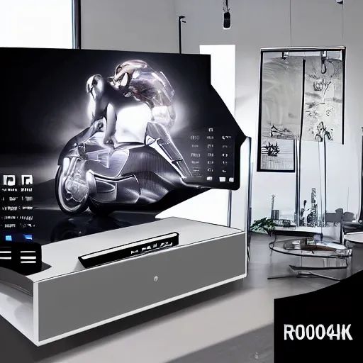 Image similar to product photoshoot of clean modern hand crafted super futuristic television pro display xpr luxury smooth color metal white silver with black leather padding well design ultrareallistic detailed high quality 8 k photorealistic ultra realistic