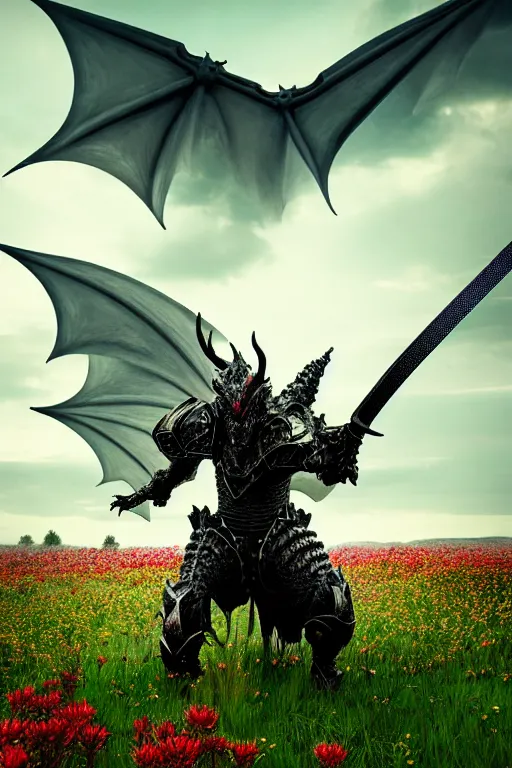 Prompt: hyperrealistic neo - gothic cinematic armored dragon holding sword in a field of flowers, highly detailed smooth digital art masterpiece, vitaly bulgarov dramatic low light, ground angle uhd 8 k, sharp focus