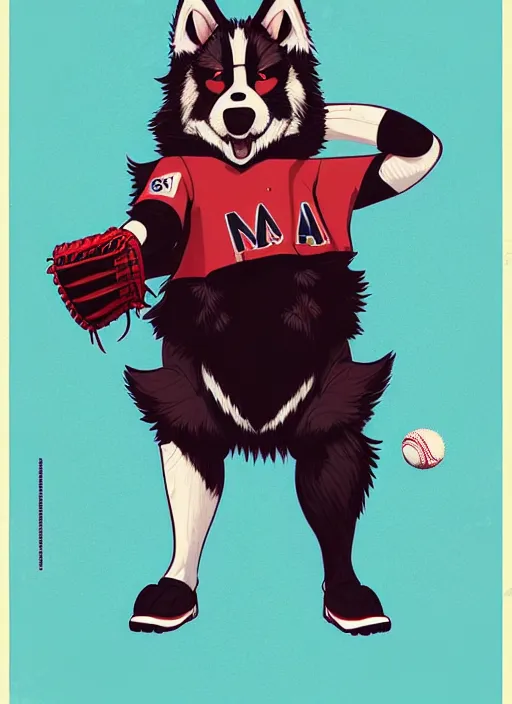 Image similar to commissioned full body portrait of a male anthro aslakan malamute with red fur playing baseball in a baseball stadium wearing a baseball uniform, by Kilian Eng, by Sandra Chevrier, trending on artstation