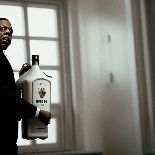 Prompt: cinematic shot of jay - z wearing a suit and standing in a fancy penthouse holding a jug of milk, 8 k, very detailed, very intricate,