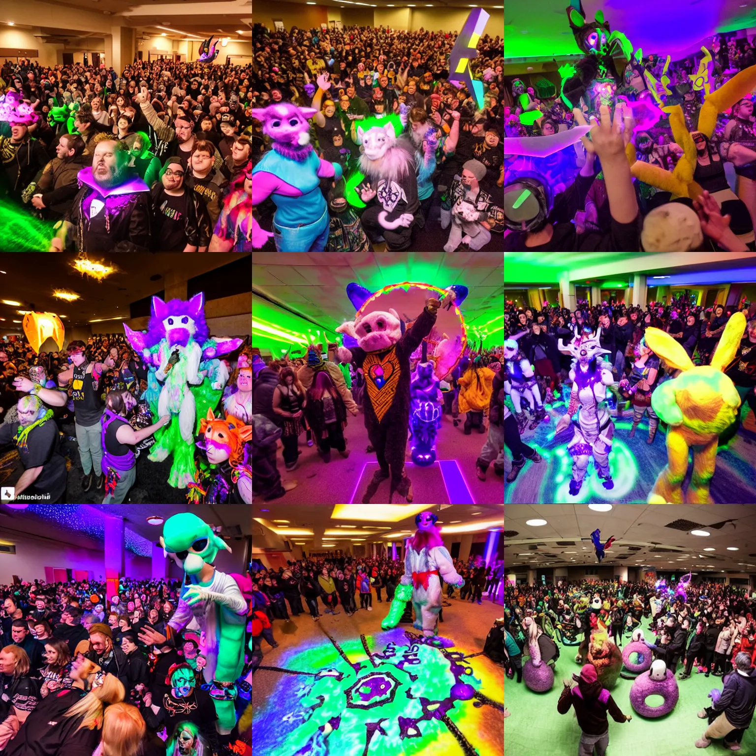 Prompt: Photo (undated) taken at Midwest FurFest's yearly fursuiter ritual/rave to keep The Astral Gate closed and hold the World-Eater at bay and so allow a new year to come. Numinous manifestation levels were at record high, resulting in several existential topological defects being breached, but the experience convention organizers found levels manageable.