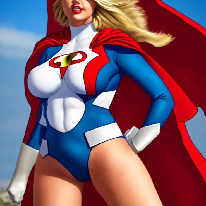 Image similar to photograph of kate upton as powergirl. Extremely detailed. 8k