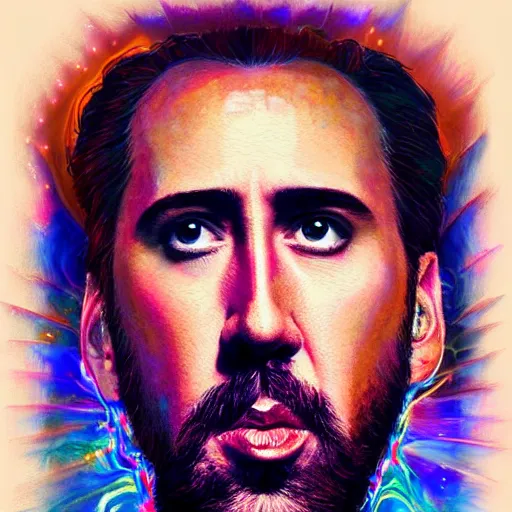 Image similar to a portrait of nicholas cage as jesus on an acid trip, upper half portrait, robotic background, psychedelic painting on face, intricate, elegant, highly detailed, digital painting, trending on artstation, concept art, smooth sharp focus, illustration, art by artgerm and greg rutkowski