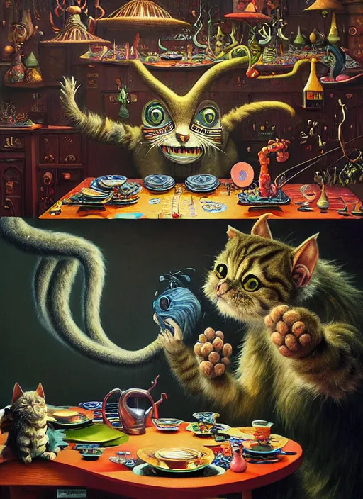 Image similar to hyper detailed 3d render, Oil painting, a cat dinner party - where the wild things are by Jacek Yerka, Mariusz Lewandowski, Houdini algorithmic generative render, Abstract brush strokes, Masterpiece, Edward Hopper and James Gilleard, Zdzislaw Beksinski, Mark Ryden, Wolfgang Lettl, hints of Yayoi Kasuma, octane render, 8k