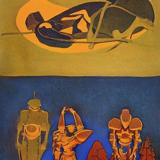 Image similar to a naturalist vintage painting of shining metal medieval armors soldiers lying on the ground by nicholas roerich by gustave moreau, by eyvind earle by bruce pennington by georgia o keeffe, blood, skin reflective metallic