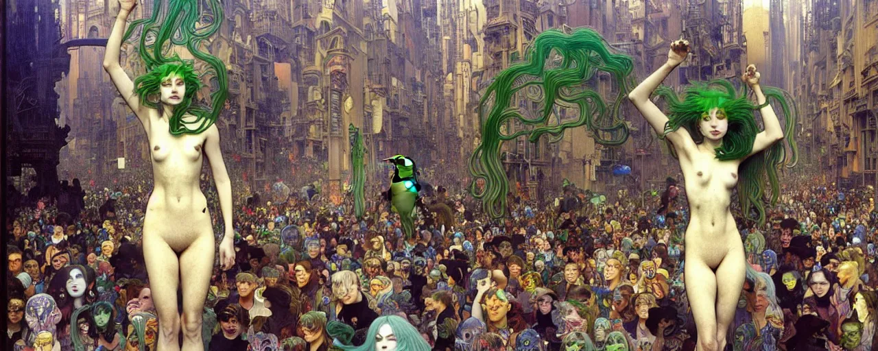 Prompt: realistic extremely detailed full height portrait painting of a ghost girl with green hair in a crowded sci-fi city street, very detailed crowd by Jean Delville, Amano, Yves Tanguy, Alphonse Mucha, Ernst Haeckel, Edward Robert Hughes, Roger Dean, rich moody colours, blue eyes