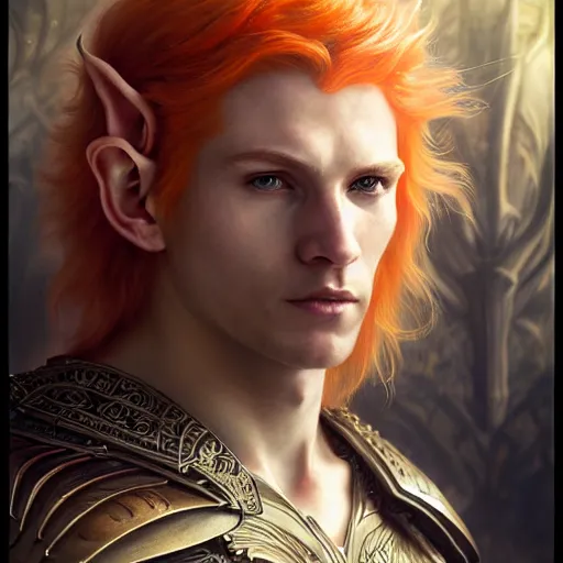 Prompt: portrait painting of an very young elven man with short light orange hair and tribal tattoos on his face wearing fur armor, ultra realistic, concept art, intricate details, eerie, highly detailed, photorealistic, octane render, 8 k, unreal engine. art by artgerm and greg rutkowski and charlie bowater and magali villeneuve and alphonse mucha