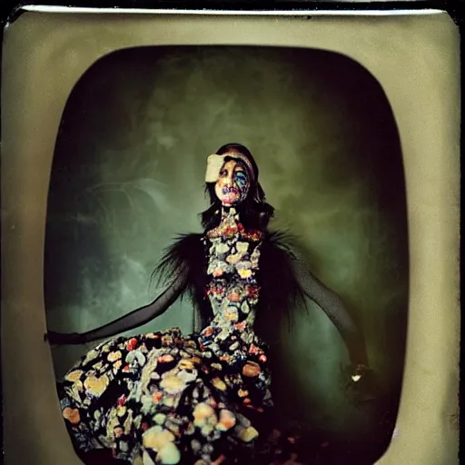 Image similar to damaged kodak portra 4 0 0, wetplate, photo of a surreal artsy dream scene,, very beautiful model, weird fashion, grotesque, extravagant dress, strange pose, carneval, with an animal, wtf, photographed by paolo roversi style