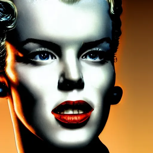 Image similar to close - up portrait photo of a t - 8 0 0 terminator with half of its face looking like marilyn monroe and half like a robot