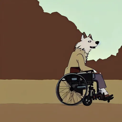 Image similar to a study of cell shaded cartoon of a wolf in a wheelchair from howl's moving castle ( 2 0 0 4 ) on a desert road, full body, wide shot, very muted colors, post grunge, studio ghibli, laurie greasley, highly detailed, deviantart, art by artgem