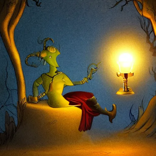 Image similar to a genie’s lamp surrounded by forest, fantasy illustration