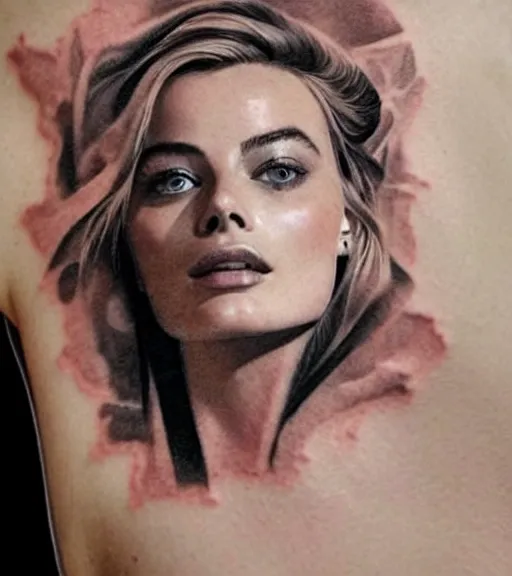 Image similar to tattoo design sketch double exposure of margot robbie with beautiful mountain scenery mash up, in the style of arlo dicristina, surrealist, amazing detail, sharp