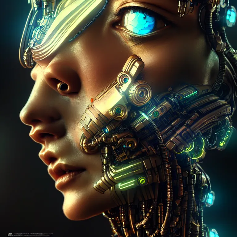 Image similar to ultra realistic beautiful cyborg deity eyes closed, scifi, cyberpunk, fantasy, intricate details, movie still, highly detailed, photorealistic, octane render, eerie, 8k, art by artgerm and alphonse mucha