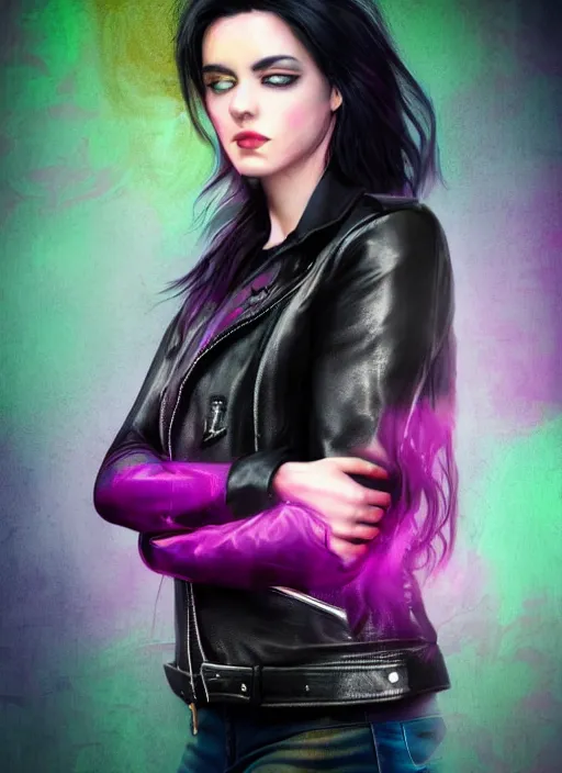 Image similar to a photo of 8 k ultra realistic a black haired female in high heels and a black leather jacket, pink, purple, green, yelow, red, blue, white neon, art by lise deharme