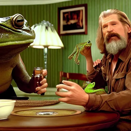 Prompt: a giant frog sitting with the big lebowski, jeff bridges the dude sitting at the table with a giant frog, realistic from the movie the big lebowski by the coen brothers, 8 k