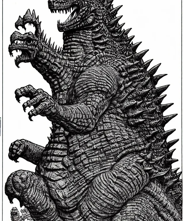 Image similar to godzilla as a d & d monster, full body, pen - and - ink illustration, etching, by russ nicholson, david a trampier, larry elmore, 1 9 8 1, hq scan, intricate details, stylized border