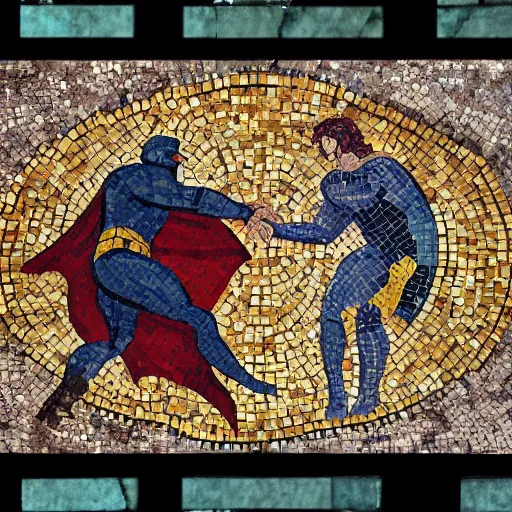 Prompt: beautiful roman mosaic of batman vs superman, rome, 1 0 0 ad