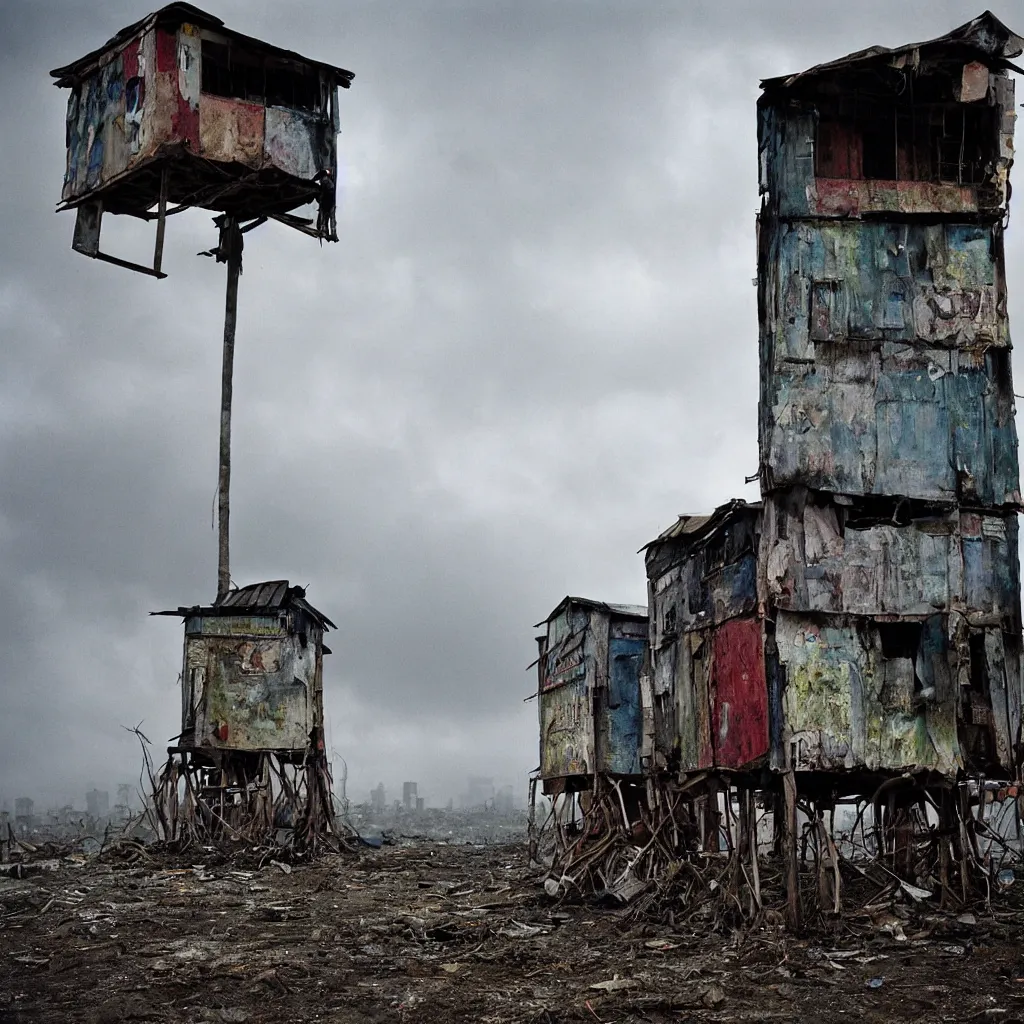 Image similar to two towers, made up of makeshift squatter shacks with faded colours in philippines, moody cloudy sky, uneven fog, dystopia, mamiya, f 1 1, fully frontal view, photographed by jeanette hagglund