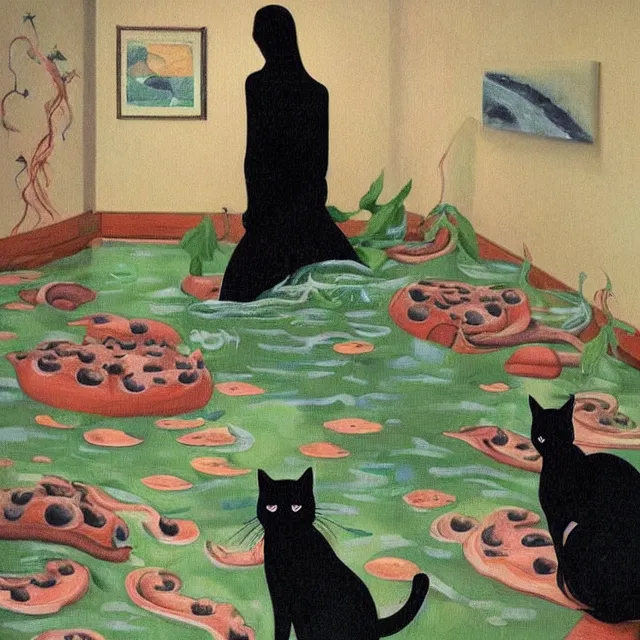 Image similar to tall female catgirl artist holding a black cat in her flooded apartment, pomegranates, octopus, water gushing from ceiling, painting of flood waters inside an artist's apartment, a river flooding indoors, mushrooms, ikebana, zen, rapids, waterfall, black swans, canoe, berries, acrylic on canvas, surrealist, by magritte and monet