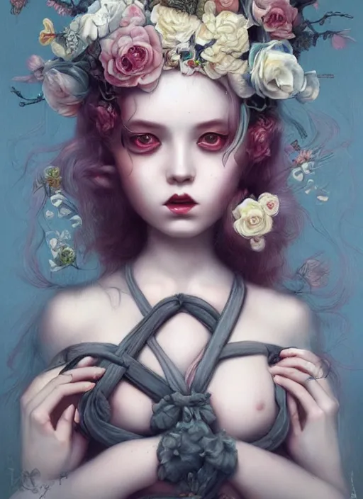 Image similar to pop surrealism, lowbrow art, realistic cute girl painting, body harness, japanese shibari with flowers, hyper realism, muted colours, rococo, natalie shau, tom bagshaw, trevor brown style,