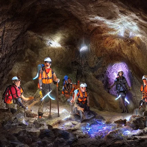 Image similar to photorealistic fantasy digital art of spelunkers in caving gear exploring a narrow beautiful cave full of gleaming geodes, crystals, and gemstones.