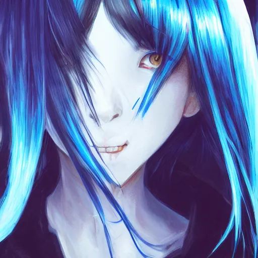 Prompt: full face shot of rimuru tempest, sky blue straight hair, long bangs, with amber eyes, wearing a fancy black jacket, high collar, ultra detailed, brush strokes, digital painting, cinematic, fxiv, wlop artstation, closeup, pixiv, eerie, scary, intimidating glare, evil, yoshitaka amano, junji ito,