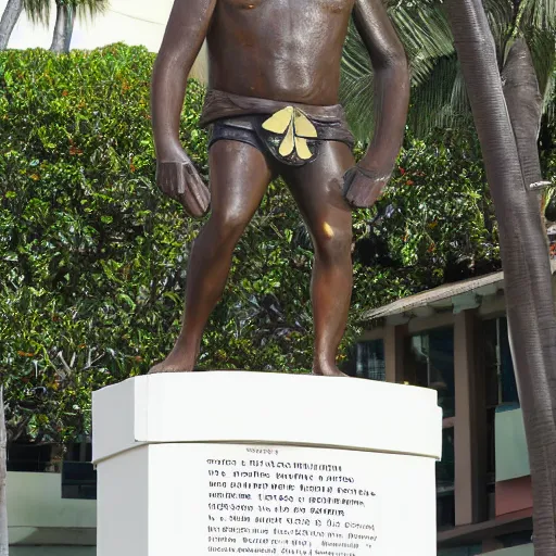 Prompt: Matt Damon as Duke Kahanamuku statue in Waikiki, cinematic, lush, Kalakaua Avenue in Waikiki, high detailed