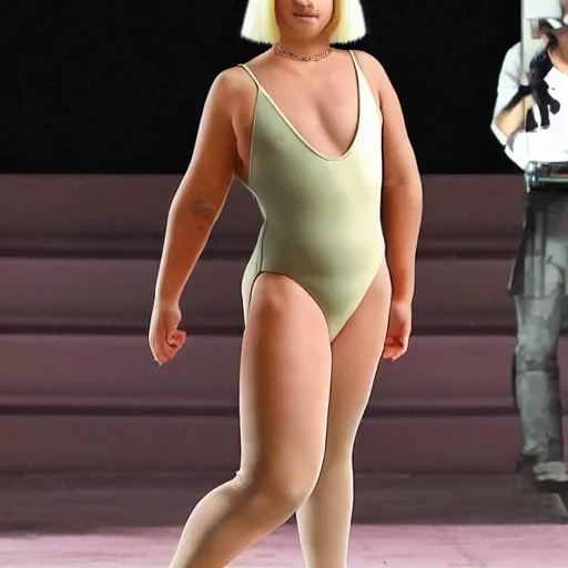 Image similar to sia furler standings with her back to the camera wearing a skin colored peach thong leotard full body artistic photoshoot pose from behind