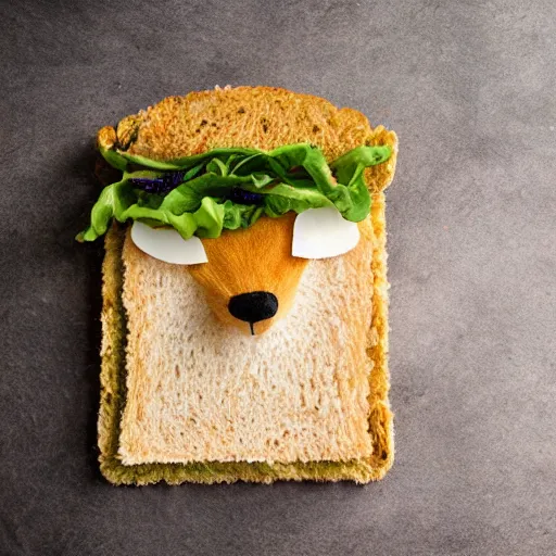 Image similar to studio photography of sandwich in the shape of a fox