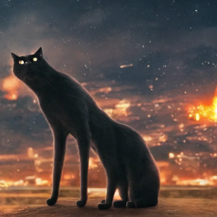 Image similar to cinematic movie close up shot, background blur bokeh, old man sitting with black cat watching nuke explosion close up!, world ending nuke, 4 k