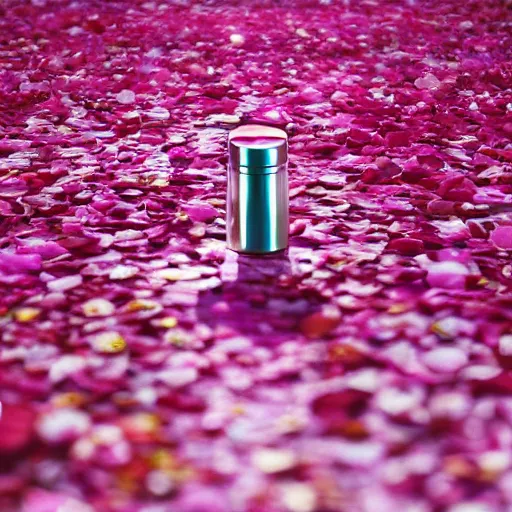 Prompt: perfume bottle surrounded by deep pink romantic rose petals, dew drops, f 2 0, soft femme, romantic simple path traced, environment, up close shot