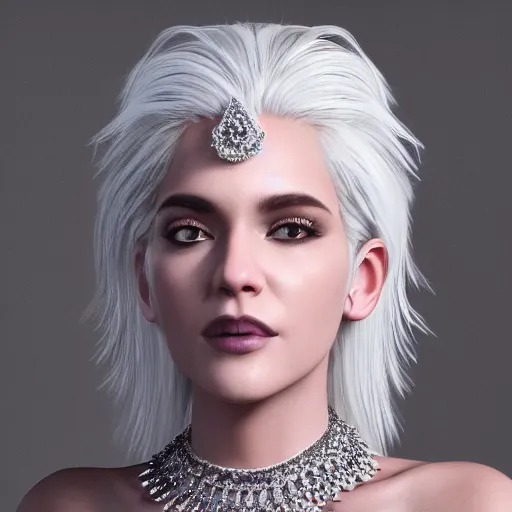 Image similar to portrait of radiant princess with white hair, beauty, ornate and intricate diamond jewelry, jaw dropping, white accent lighting, hyper detailed, 4 k octane render