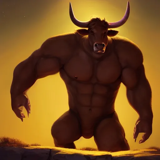 Image similar to portrait of a minotaur, an antropomorphic creature with a bull face, dark hair, mattepainting concept blizzard pixar maya engine on cold night stylized background splash comics global illumination lighting artstation lois van baarle, ilya kuvshinov, rossdraws