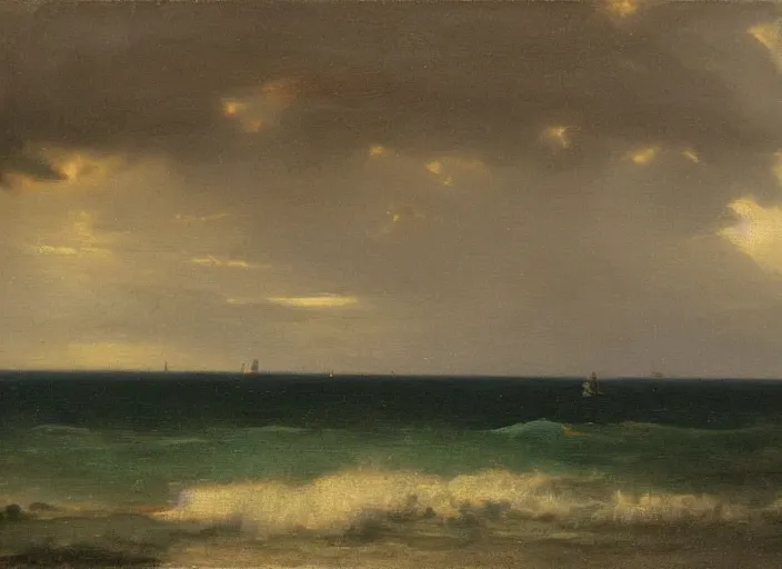 Prompt: the beaches of normandy before d - day, stormy weather in the style of hudson river school of art, oil on canvas