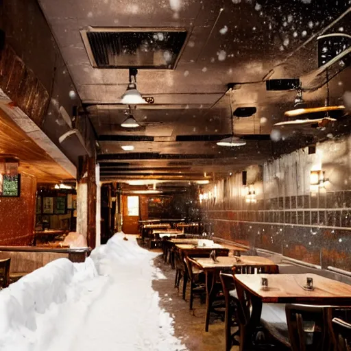 Image similar to a run down restaurant on a snowy street in the american rust belt, sharp, detailed