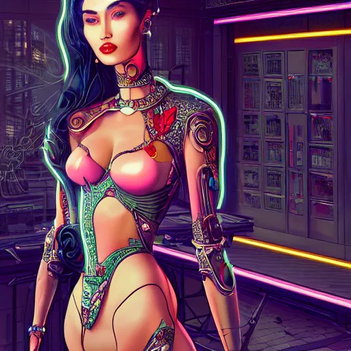 Image similar to the portrait of an elegant, sophisticated, fashionable ottomanpunk robotess idol, an ultrafine illustration of young half asian megan fox mix by kim jisu, intricate linework, neon wiring, fashion, porcelain skin, unreal engine 5 highly rendered, global illumination, radiant light, detailed and intricate environment, by rutkowski, artgerm, marvel comics