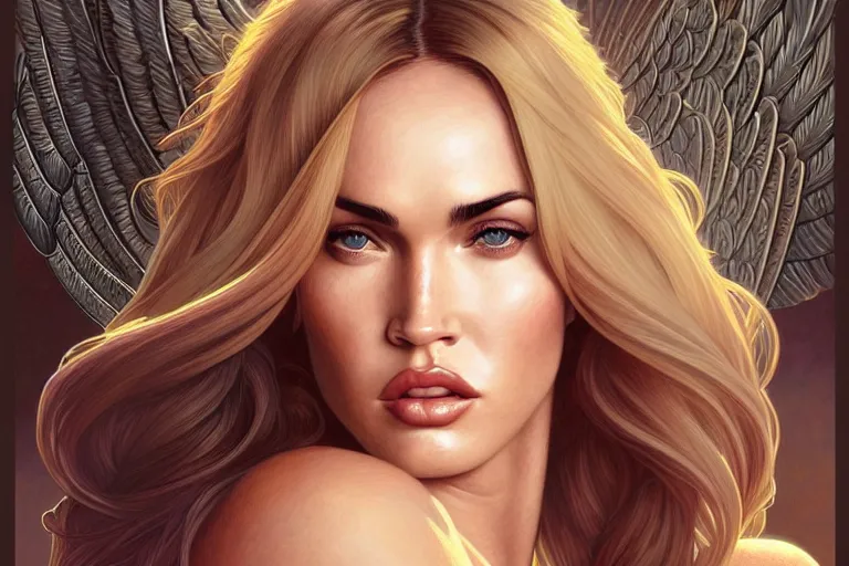 Image similar to portrait of megan fox as an blonde angel, wings, intricate, headshot, highly detailed, digital painting, artstation, concept art, sharp focus, cinematic lighting, illustration, art by artgerm and greg rutkowski, alphonse mucha, cgsociety