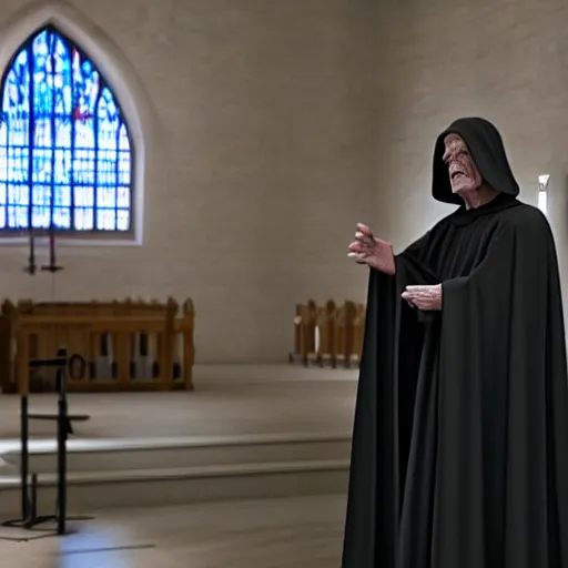 Image similar to emperor palpatine preaching to people at church, 8k cinematic lighting, very sharp detail, anatomically correct