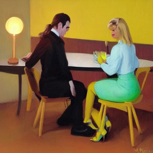 Image similar to by michael malm electric yellow, powerpuff girls. a computer art of two people, a man & a woman, sitting at a table. the man is looking at the woman with interest. the woman is not interested in him. there is a lamp on the table between them.