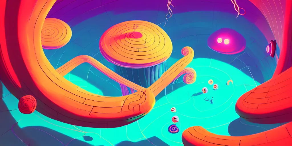 Image similar to spiral lines, minimalistic, extreme wide angle, curved perspective, digital art, chubby cotton candy, subsurface scattering, indoor casino, by anton fadeev, lorax movie, underwater smoke, artstation