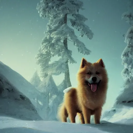 Prompt: A portrait of a samoyed dog in the snow, an epic fantasy, dramatic lighting, cinematic, establishing shot, extremely high detail, photorealistic, cinematic lighting, artstation, by simon stalenhag, horizon forbidden west