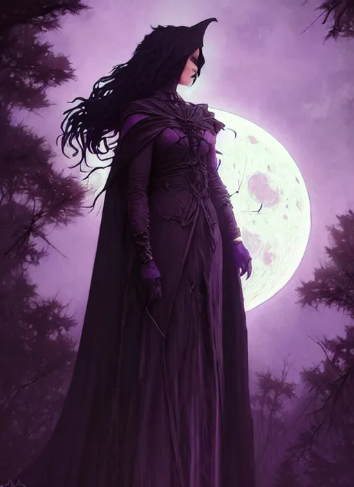 Image similar to moon in the background!!!, full portrait dark witch, adventurer outfit large cloak, fantasy forest landscape, fantasy magic, short purple black fade hair, dark light night, intricate, elegant, sharp focus, illustration, highly detailed, digital painting, concept art, matte, art by wlop and artgerm and greg rutkowski and alphonse mucha, masterpiece
