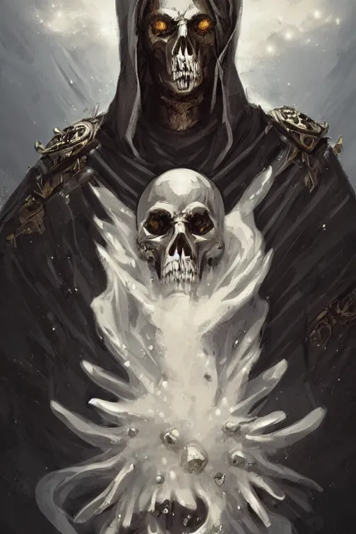 Image similar to portrait of necromancer priest in obsidian robes with white ornaments, skulls, white smoke, concept art, style by anato finnstark,