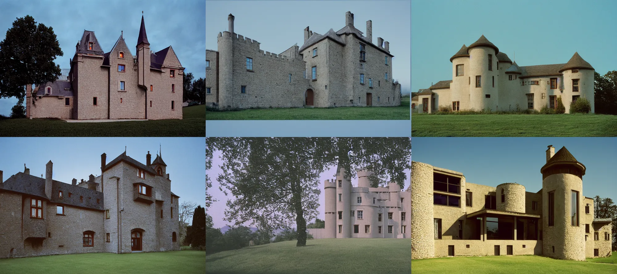 Prompt: film still of a modern house in the style of a medieval castle, by Étienne-Louis Boullée cinestill 800t 35mm full-HD