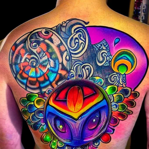 Image similar to shoulder back tattoo of a multicolored hallucinogenic cute bush baby as disc jockey with dj desk, eyes are colorful spirals, surrounded with colorful magic mushrooms and rainbowcolored marihuana leaves, insanely integrate