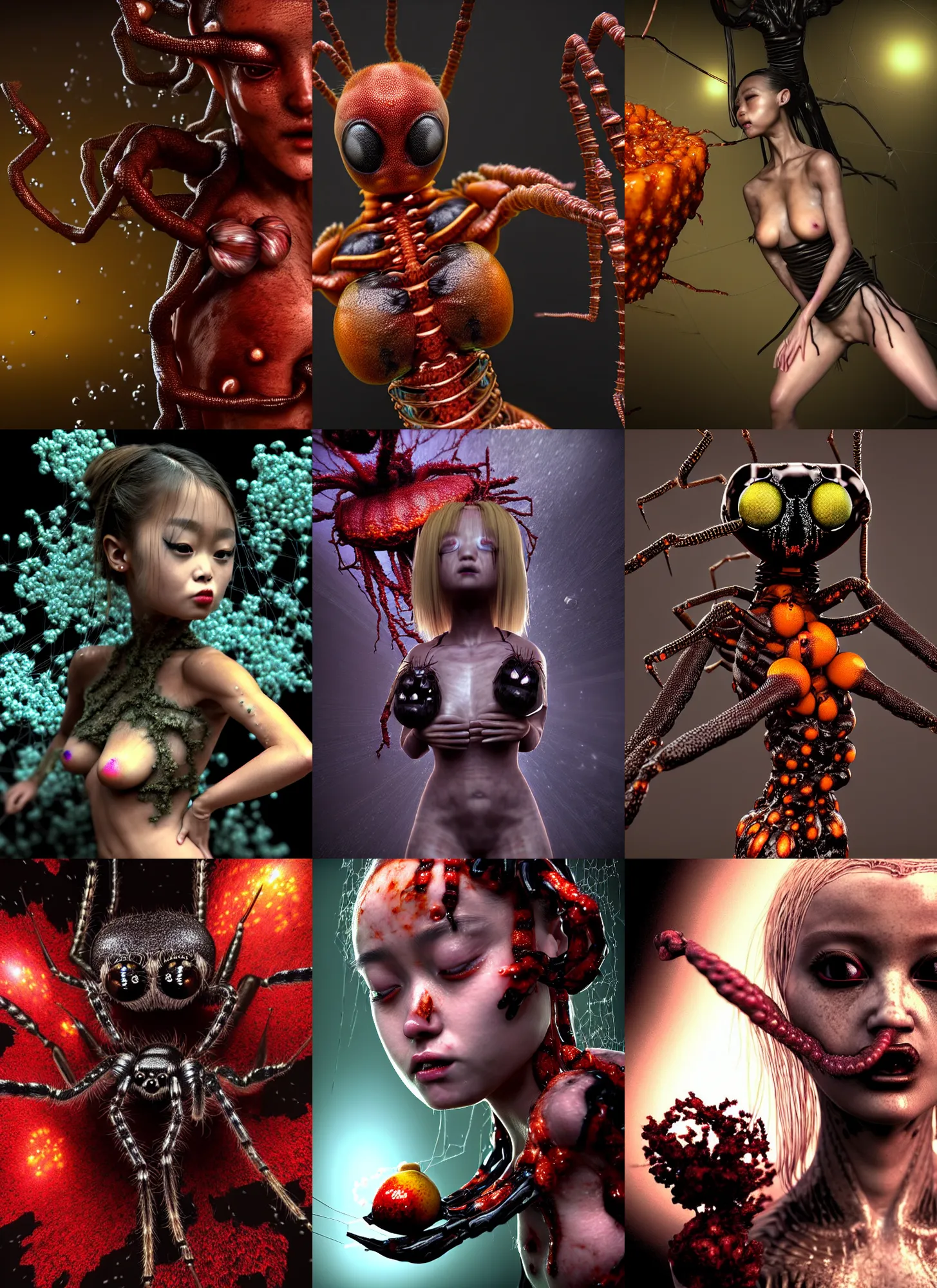 Prompt: hyper detailed 3d render like a dark Oil painting - kawaii screenshot from new modeling movie bullet time (a jumping-spider blonde headed shiny standing profile lithe adorable borg queen cenobite cinematic practical effects) seen Eating of the Strangling network of (amber juices) and milky Fruit wearing spidersilk dress and Her delicate pedipalps hold of gossamer polyp blossoms bring iridescent Cronenberg fungal flowers whose spores black the foolish stars by Ryden, Jacek Yerka, Ilya Kuvshinov, Glenn Barr, Mariusz Lewandowski, Houdini algorithmic generative render, Abstract brush strokes, Masterpiece, Edward Hopper and James Gilleard, Zdzislaw Beksinski, Wolfgang Lettl, hints of Yayoi Kasuma, octane render, 8k