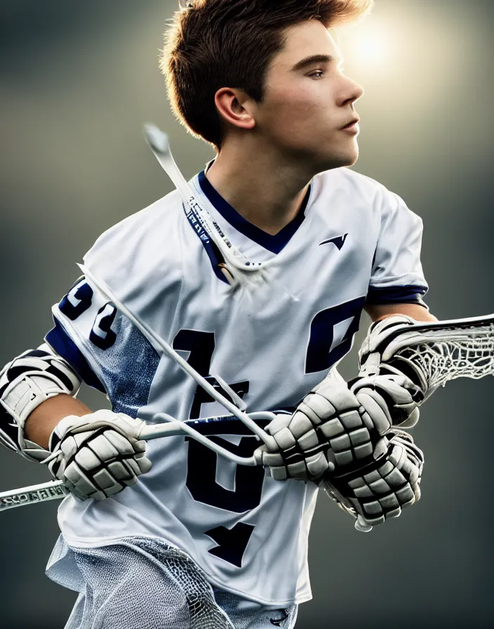 Image similar to closeup portrait of very beautiful cute male lacrosse player in a penn state stadium, glamour pose, particle effects, backlit, highly detailed, soft ambient lighting, sharp focus, rule of thirds, artgerm, wlop, arney freytag, rossdraws, frank frazetta, andrei riabovitchev, hd, octane, 4 k